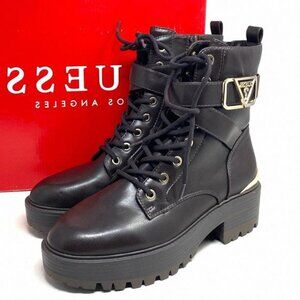 GUESS Flat Combat Booties Dark Brown Faux Leather GFFINLEES Heel Size Women's